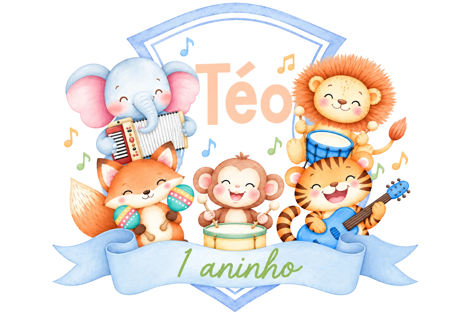 Brasão original do Téo, 1 aninho, com os animais músicos
